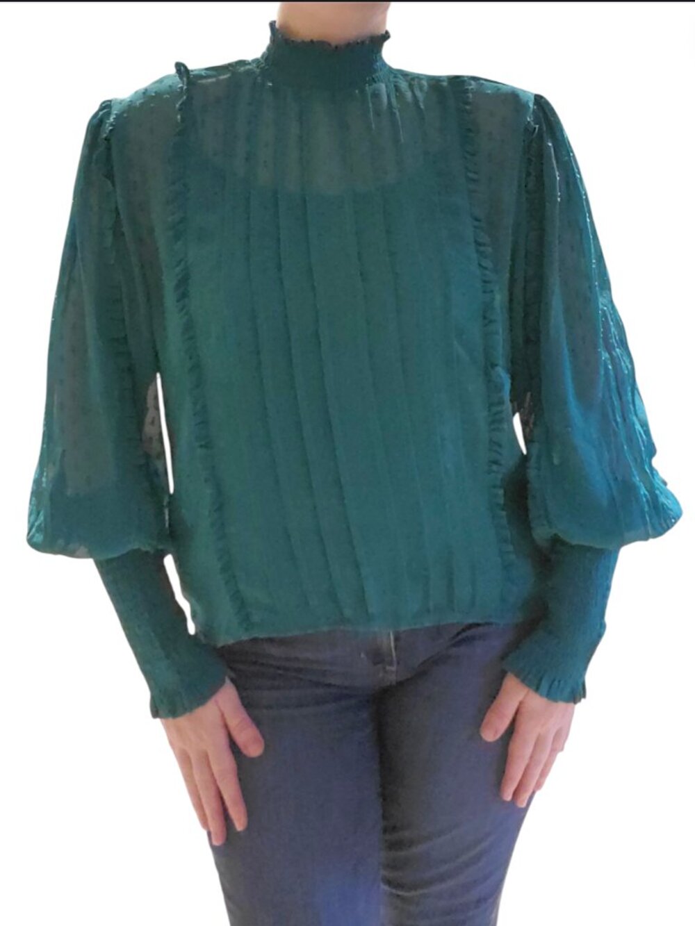 Farm Rio Emerald Green Clip Dot Smocked Mock Neck Ruffle Blouse Large Boho